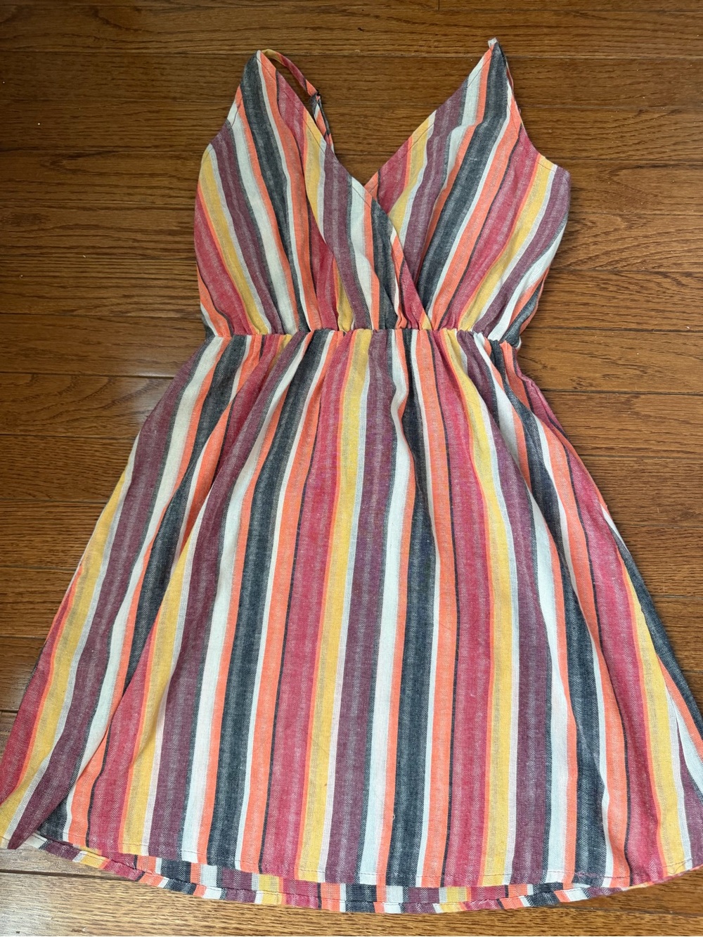 Striped V-Neck Summer Dress in Coral, Yellow & Gray
